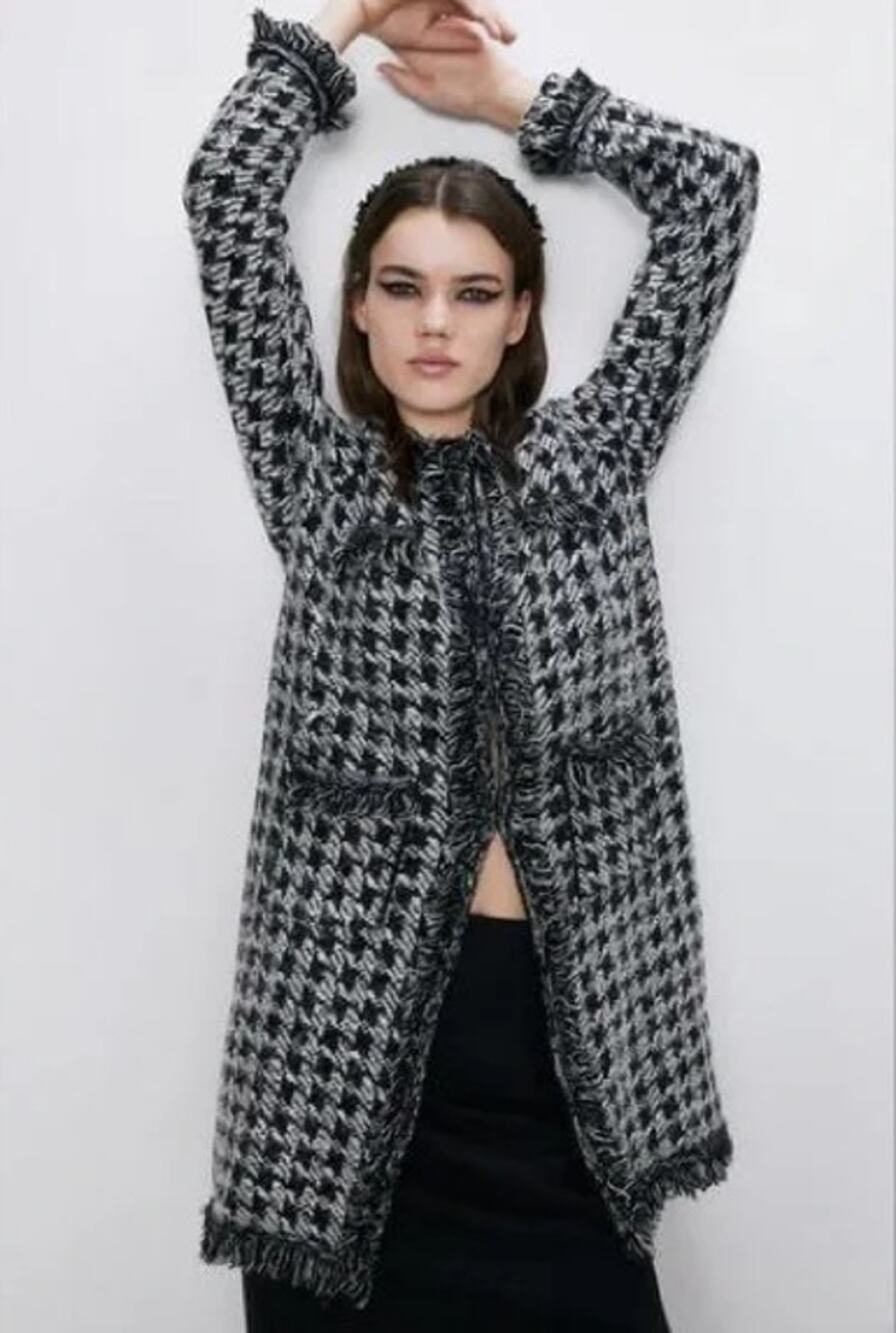 ZARA Houndstooth Fringe Knit Jacket Long Tweed Boucle Chunky Knit Cardigan